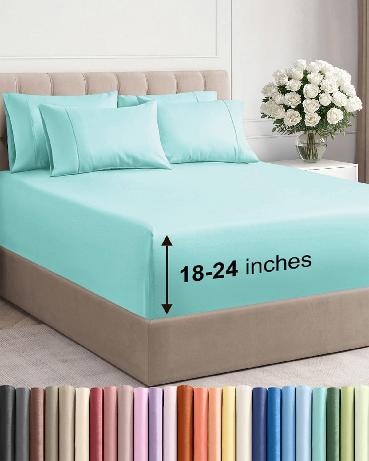 Skiennix Extra Deep King Sheet Set - 6 Piece Breathable Cooling Sheets - Luxury Hotel Quality - Soft Wrinkle-Free Spa Blue