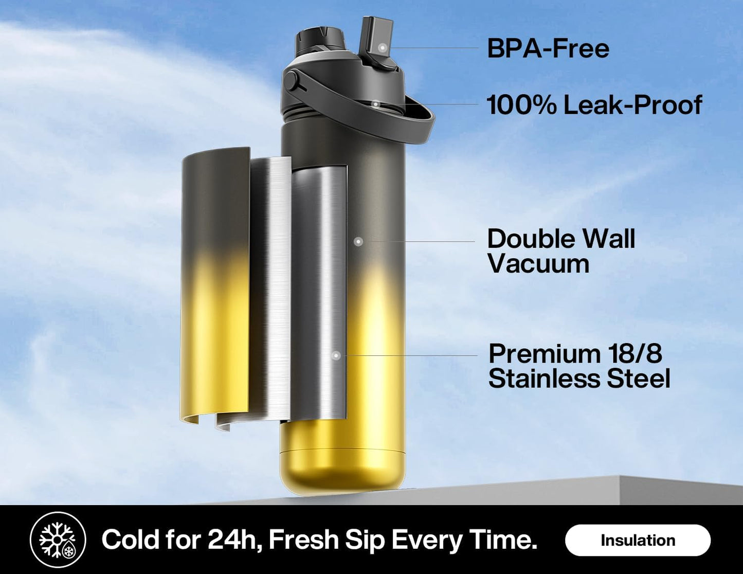 POWCAN Insulated Water Bottle - 26 oz Stainless Steel with 2-in-1 Straw & Spout Lid | Keeps Drinks Cold for 24H