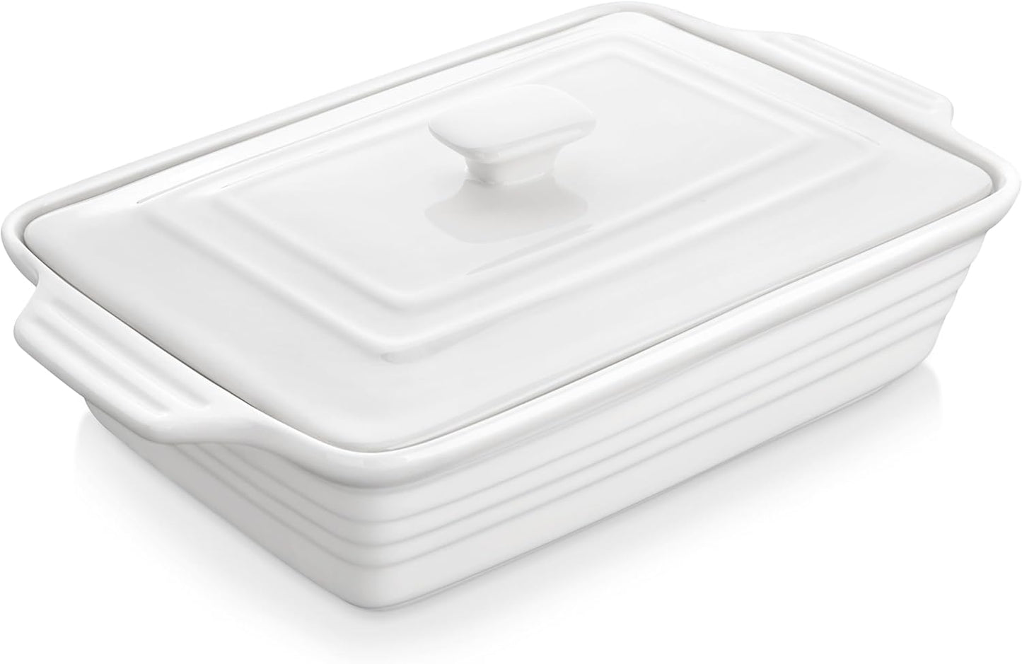 MALACASA Casserole Dish - 4.4 Qt Porcelain Baking Dish with Lid & Handles | Microwave Safe, White
