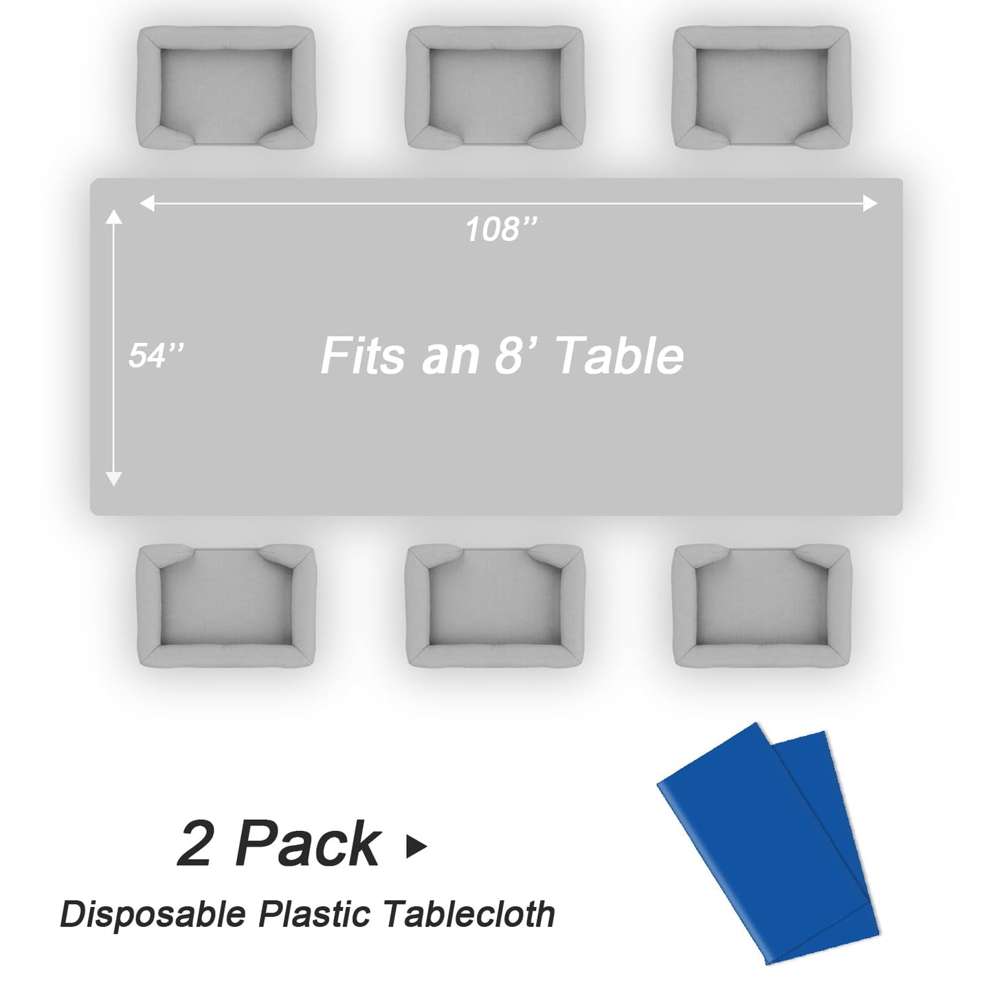 QIKSION Blue Plastic Table Cloth Disposable 2 Pack, 54 x 108 Inch Tablecloths for Patriotic Decorations, Birthday Party, Rectangle Table Cover