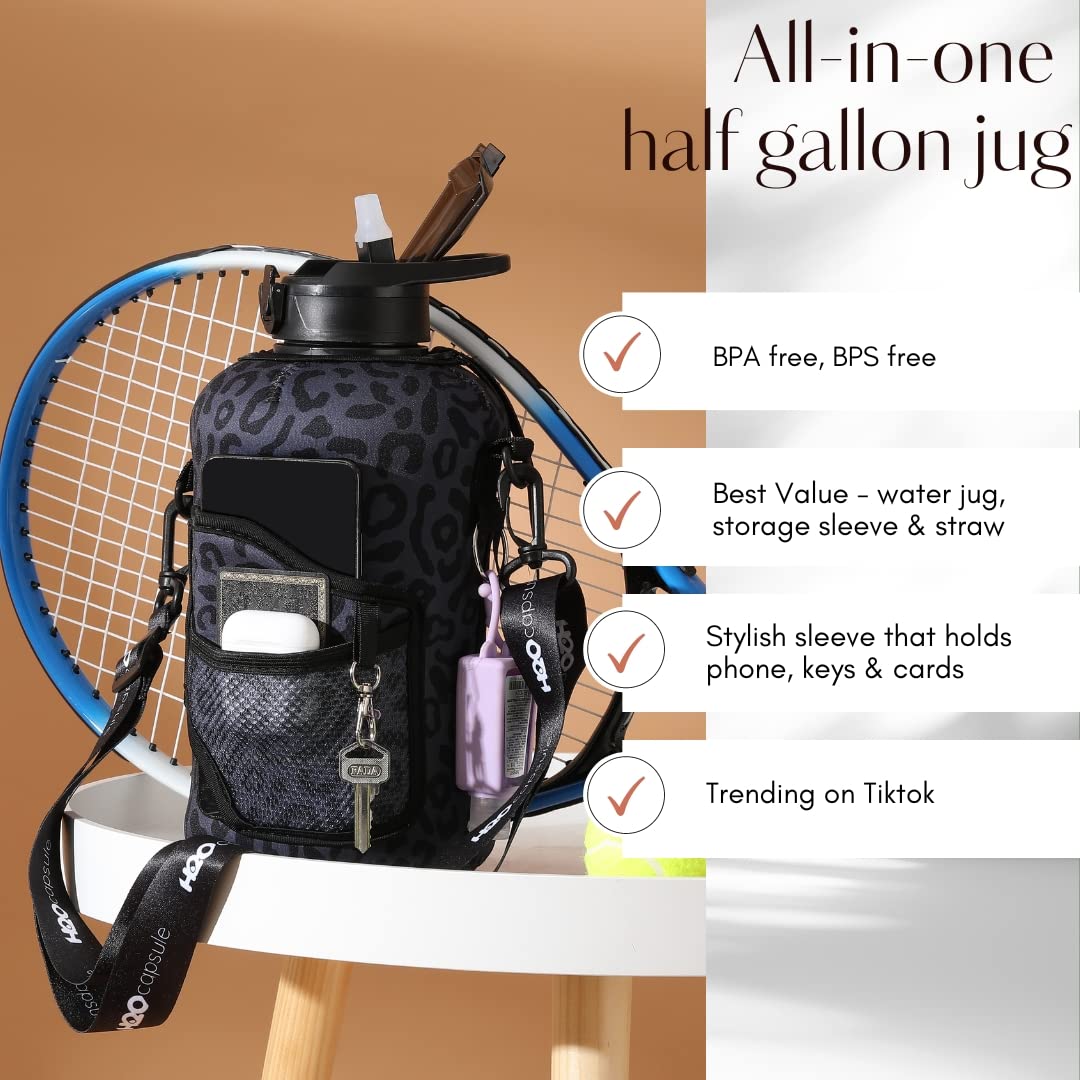 H2O Capsule 2.2L Half Gallon Water Bottle with Storage Sleeve and Removable Straw – BPA Free Large Reusable Drink Container with Handle - Big Sports Jug, 2.2 Liter (74 Ounce), Cowbell