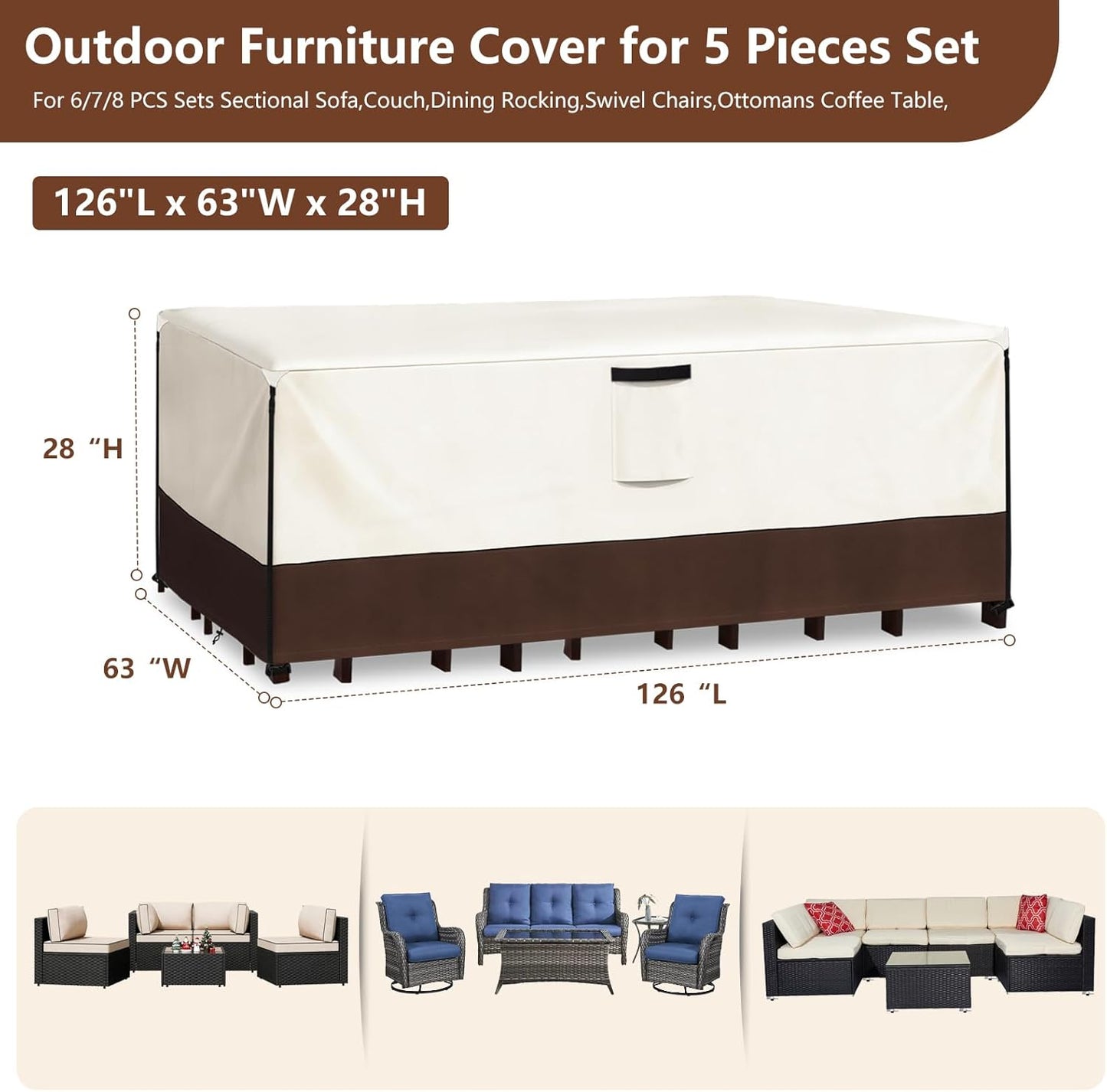 Patio Armor Waterproof Heavy-Duty Outdoor Furniture Cover - Fits 5-8 Piece Sectional Set (126" L x 63" W x 28" H)