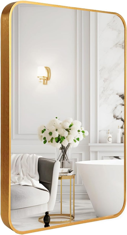 22x30 Mirror, Wall-Mounted Rectangular Bathroom Mirror, Gold Aluminum Metal Frame 30X22 Decor Mirror, Makeup Vanity Mirror for Bathroom, Bedroom, Living Room, Entrance