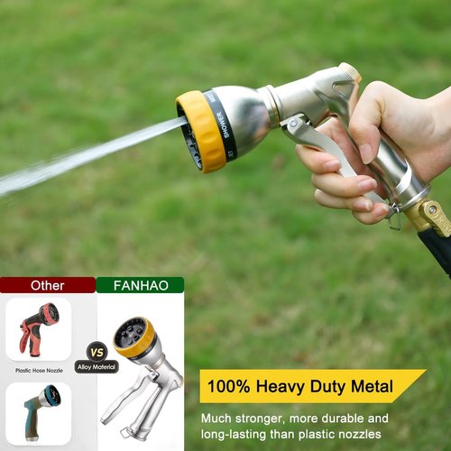 FANHAO Heavy Duty Metal Garden Hose Nozzle Sprayer - 7 Spray Patterns for Efficient Watering & Cleaning