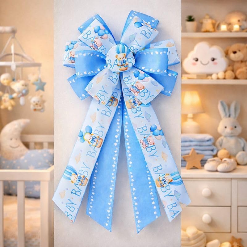 Skiennix Large Baby Shower Bows - 20x11 Inch Baby Blue Decorative Ribbons for Wreaths & Home Decor