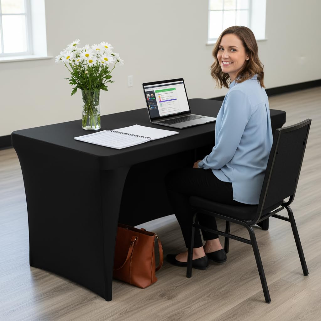 Nasitos 2 Pack Black Table Cloth 6 Foot-Spandex Fitted Tablecloth Rectangle Tables, Open Back Stretch Folding Trade Show Table Covers Fabric Washable & Wrinkle Resistant for Parties, Wedding, Event