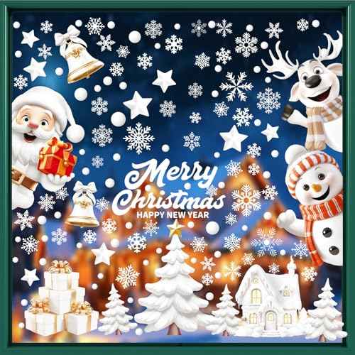 162 Pcs Christmas Window Clings - 9 Sheets White Snowman Reindeer Christmas Window Stickers, Reusable Double-Sided Printed for Home, Mall Glass, Cafe Xmas Decor