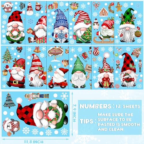Christmas Gnomes Wall Stickers Decals - 12 Sheets Snowflake Vinyl Winter Gnome Decor