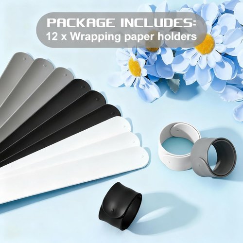 Charniol Wrapping Paper Roll Holder - 12-Piece Silicone Covered Metal Strips | 1 x 9 Inch Stabilizer in Black, White, Gray