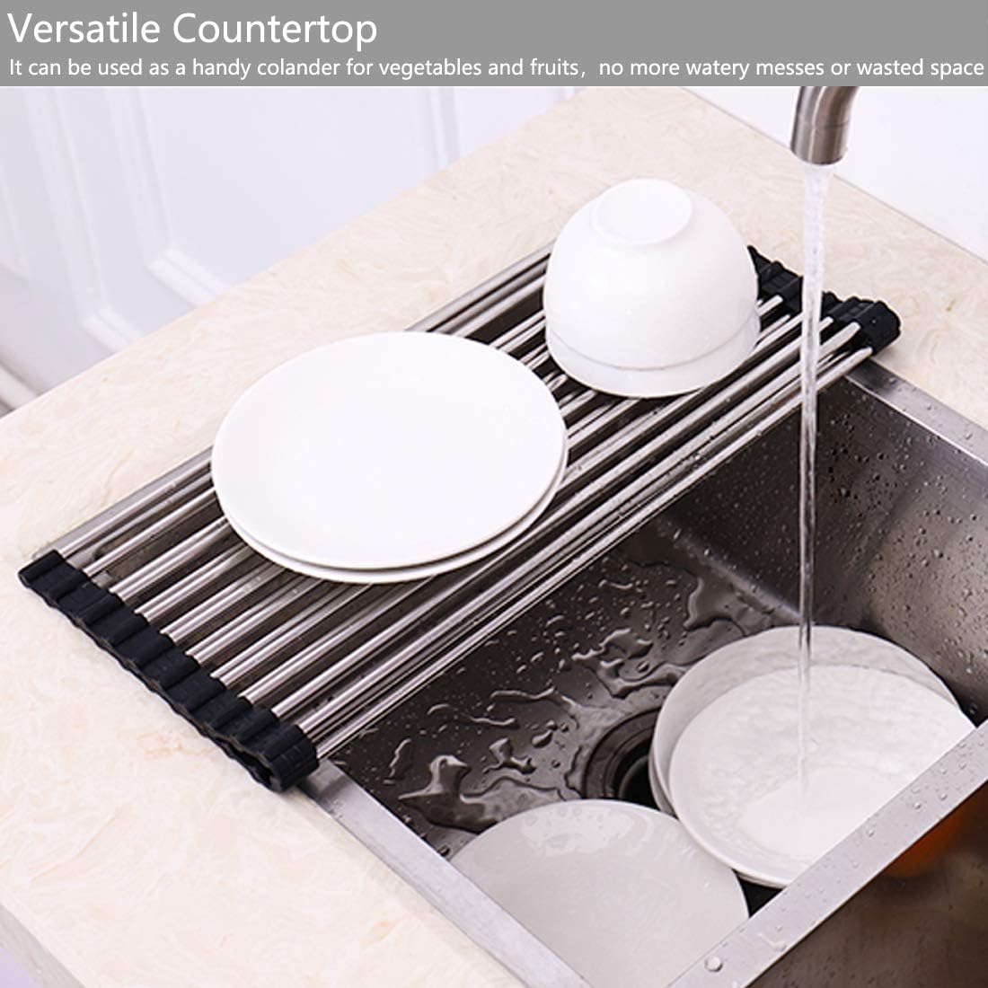 Skiennix Over The Sink Dish Drying Rack - 304 Stainless Steel, Foldable & Easy to Store | 17.7" x 16" - Black