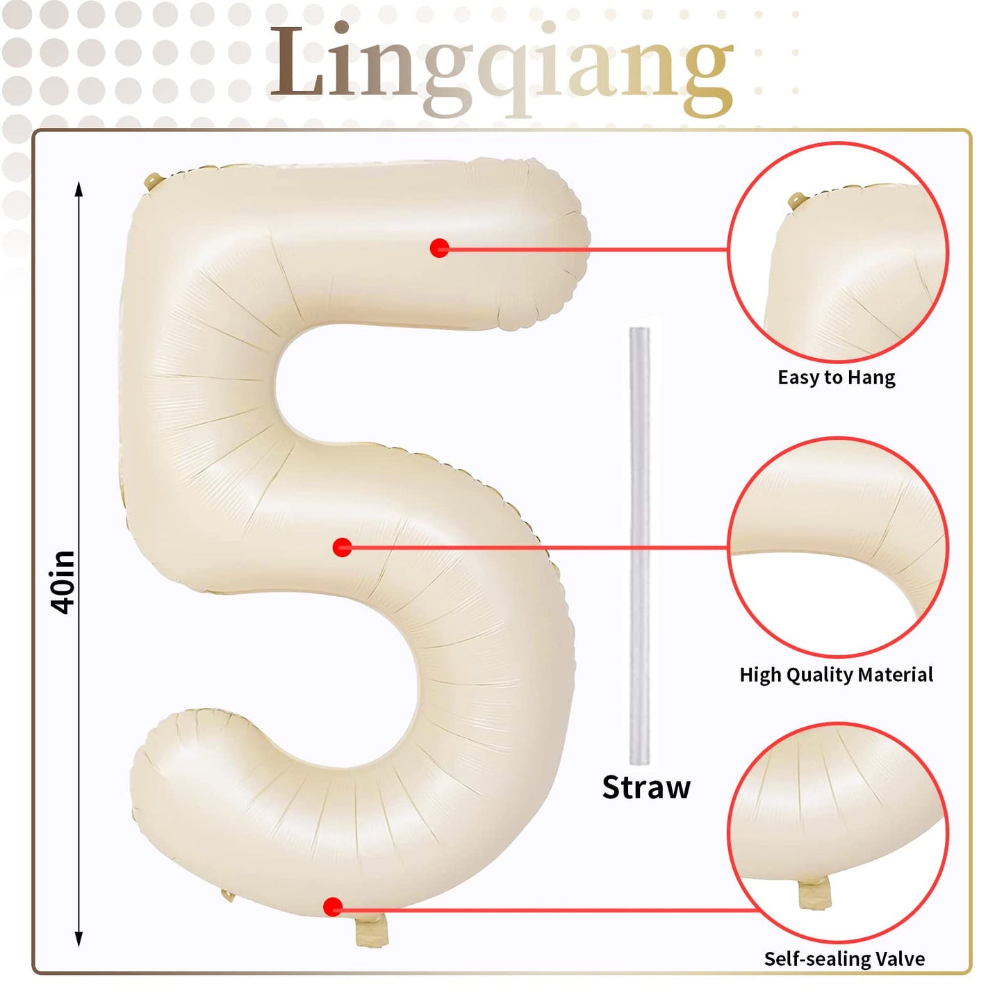 Beige Number 5 Balloon for Girls Boys, 40 Inch Large Cream Number 0-9 Foil Mylar Helium Digital Balloons Set for Women Men Birthday Graduation Anniversary Party Decorations Celebration Supplies