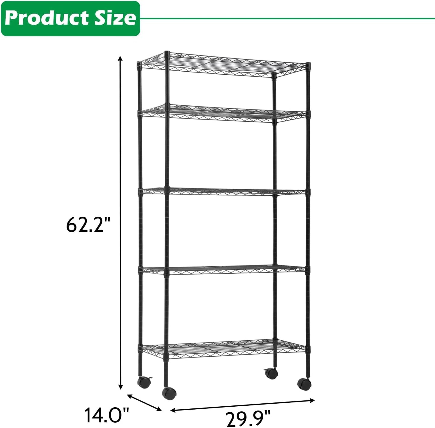 PayLessHere 5-Tier Wire Shelf with Wheels - Adjustable Heavy-Duty Storage Rack | Black | 14"x30"x60" | Rust-Resistant, Easy No-Tool Assembly