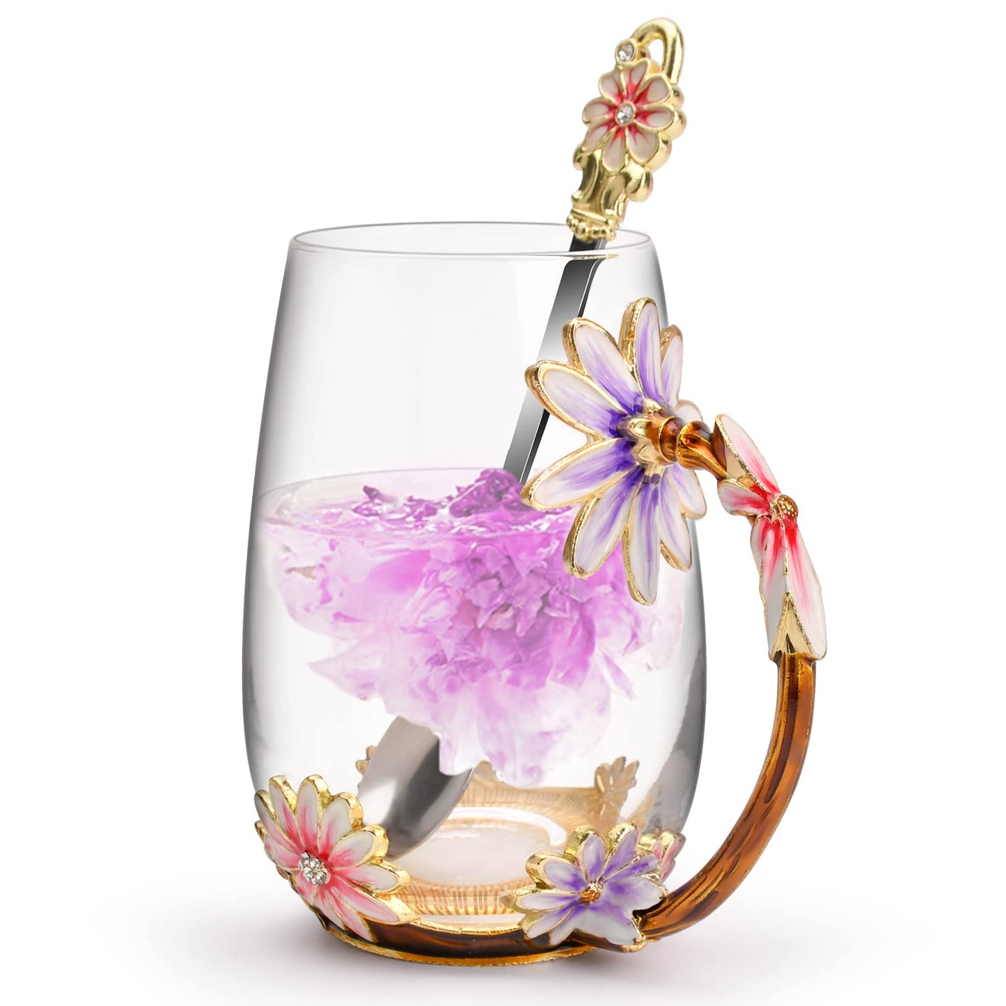 OEAGO Purple Gifts for Women Mom Mothers Day Glass Coffee Enamels Mug Best Birthday Flower Gifts for Her from Daughter Son Lead-Free Christmas Tea Cup with Spoon Set