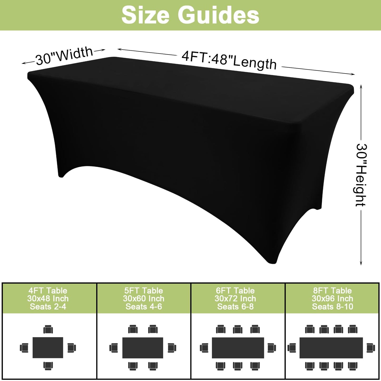 Moosfor Spandex Elastic Fitted 6FT Rectangle Tablecloth, Stretch Washable Reusable Table Cover for Outdoor Picnic, Camping, Dining, Wedding, Banquet & Party Events (Black, 72Lx30Wx30H Inch)
