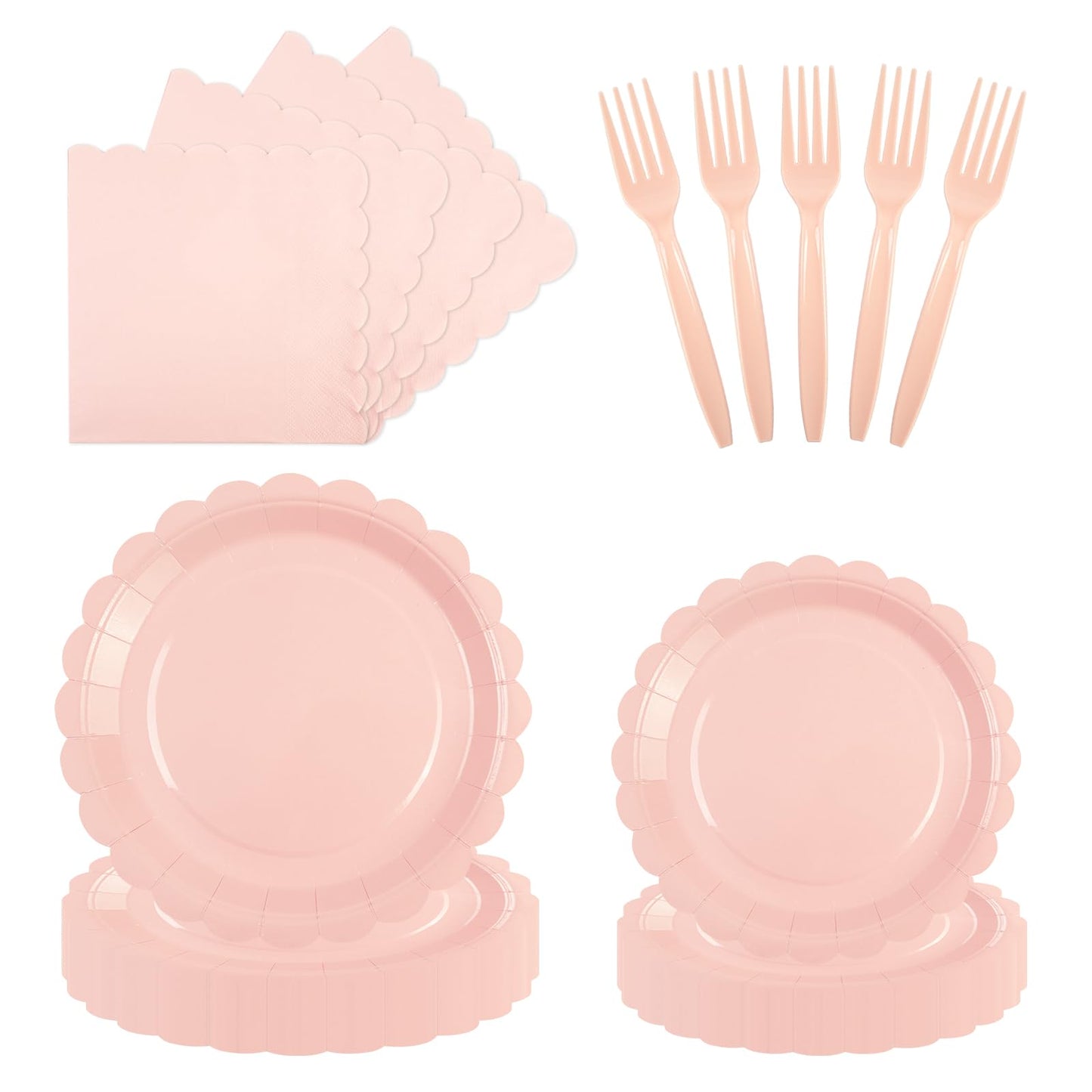 PUEVENYI 96PCS Pink Paper Plates and Napkins, 24 Guest Light Pink Disposable Scalloped Paper Plates Napkins and Forks Decoration Party Supplies for Valentine's Day Birthday Wedding Baby Shower
