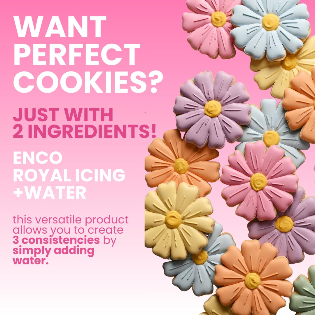 ENCO White Royal Icing Mix, Vanilla Flavor – Easy to Use, Just Add Water, Smooth & Glossy Finish, Fast Drying, Versatile for Cookie Decorating (1.1 lb / 500g)