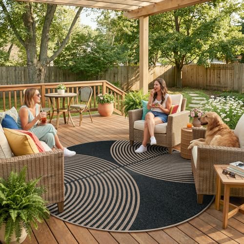 6ft Round Rainbow Rug - Modern Easy Jute Look Outdoor & Indoor Carpet - Charcoal Black Variation