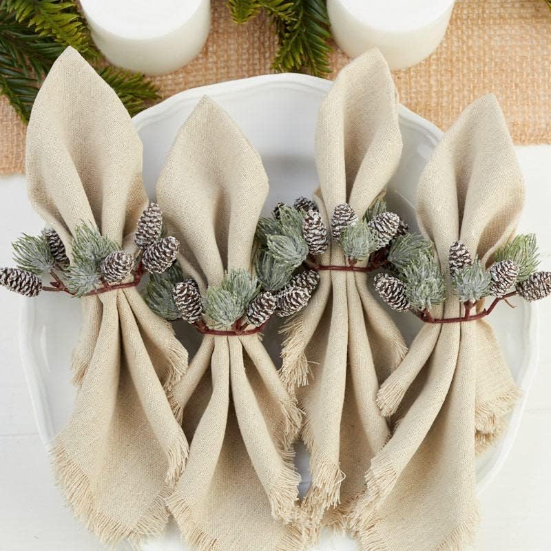 Skiennix Artificial Pine & Pinecone Candle Rings - Pack of 6 Faux Snowy Pine Decor