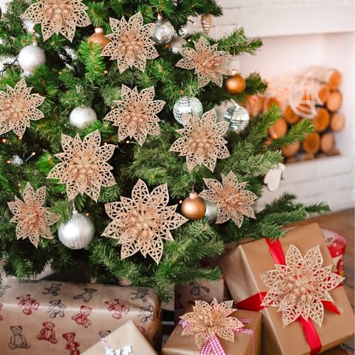 Naler 24 Pieces Christmas Glitter Poinsettia Flowers Artificial Xmas Flowers for Christmas Tree Wreaths Wedding Ornaments, Champagne, 3/4/6 Inch