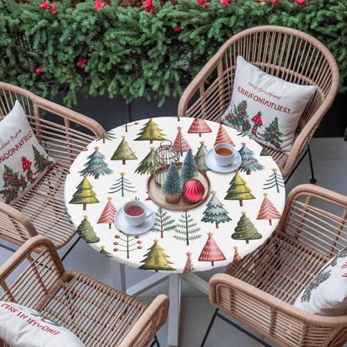55-60in Round Fitted Christmas Tablecloth with Elastic Edge Waterproof White Tree Pattern