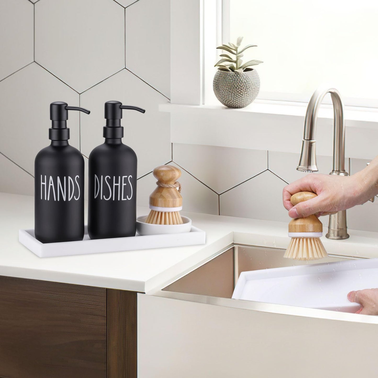 Glass Soap Dispenser for Kitchen Sink,Farmhouse Kitchen Dish Soap Dispenser&Hand Soap Dispenser Set,Rustproof Pump Soap Dispenser Set with Tray and Dish Brush,Kitchen Decor（Black）