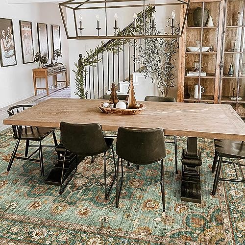 Washable Oriental Area Rug - Green 8x10 Vintage Floral Non-Slip Carpet