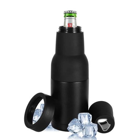 Hgkeke 12oz Universal Beer Bottle Holder Double Walled SS Beer Bottle Cooler 3 in 1 Can Koozie with Beer Opener Vacuum Insulated - fit Fishing,Camping Outdoor Activities and Nice Gift for Men(Black)
