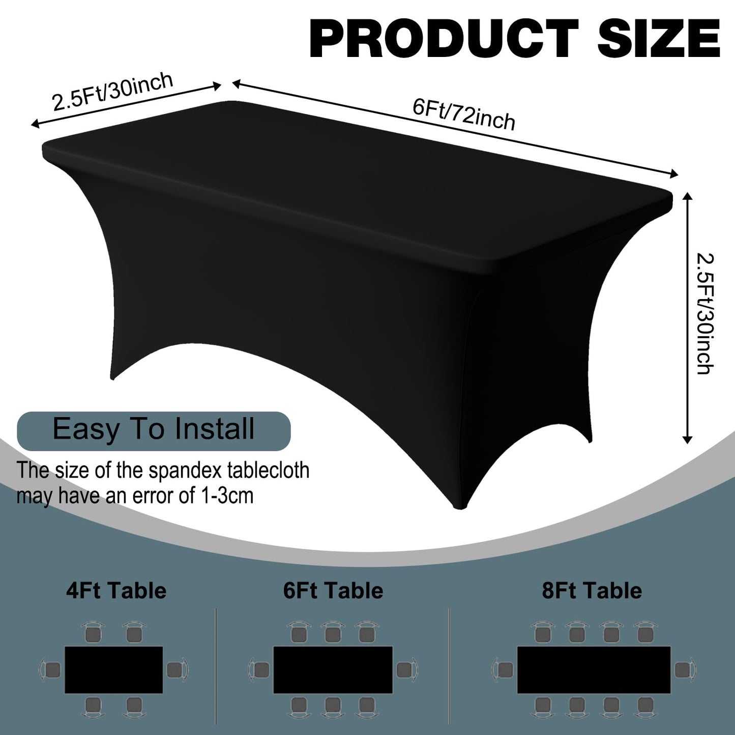 Trlyc 2 Pack 6FT Spandex Table Cloth - 72 x 30 Inch Rectangular Stretch Tablecloth, Wrinkle Resistant Scretch Table Cover for Wedding, Party, Banquet, Picnic, Outdoor Decoration (2Pcs,Black)
