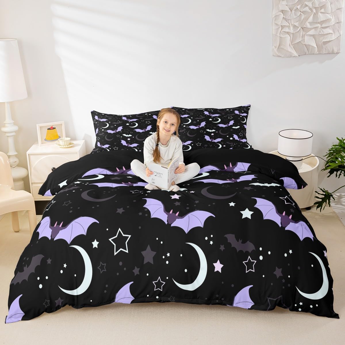 Halloween Bat Duvet Cover Set King Size Cute Moon Starry Night Sky Bedding Set 3Pcs Purple Black White Comforter Cover for Kids Girls Boys Room Decor Kawaii Cartoon Animal Quilt Cover,2 Pillowcases