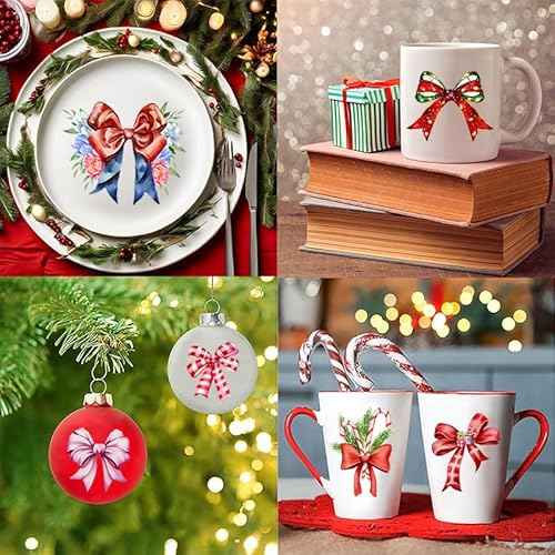 53 Pieces Christmas Decorative Bows Stickers for Crafts Scrapbooking Bottle Cup Waterproof Christmas Decals for Ornament Xmas Ball Window Stickers