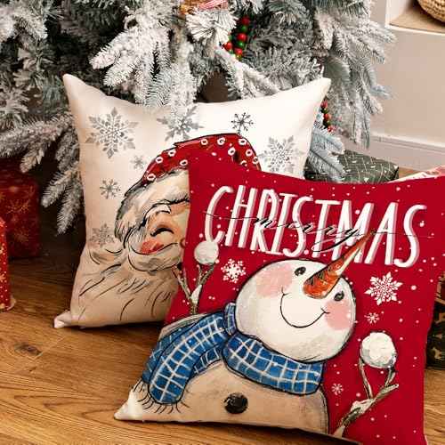 GEEORY Merry Christmas Throw Pillow Covers 20x20 Inch Set of 4, Santa Snowmen Xmas Trees Hello Winter Snowflake Holiday Farmhouse Decorative Cushion Cases for Home Decoration (Red) G602-20
