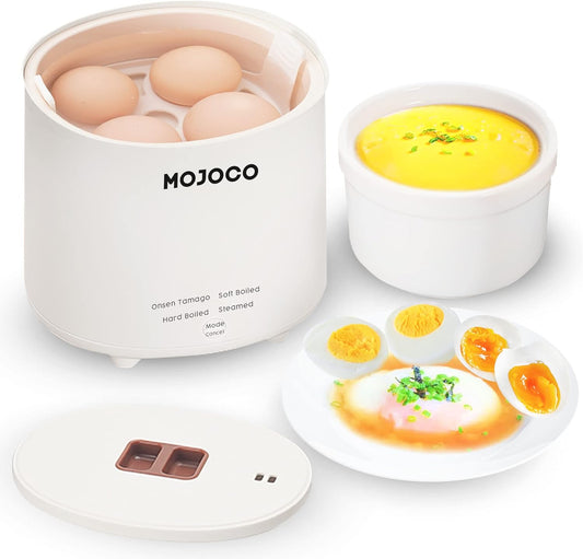 Mojoco Rapid Egg Cooker - Electric Mini Egg Maker for Steamed, Hard Boiled & Soft Boiled Eggs | Auto Shut Off & Alarm