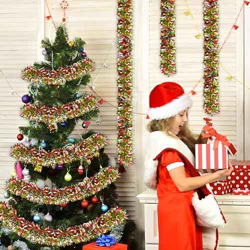 50 Ft Christmas Tinsel Garland Lime Green Red Sliver Metallic Foil Decorations Shiny Metallic Twist Garland Glitter Xmas Tree Hanging Ornament for Christmas Tree Home Stairs Indoor Outdoor Party Decor