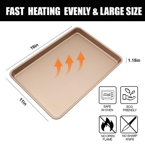 Amcorla Large Sheet Pans Cookie Sheet Set,Baking Sheets for Oven Nonstick,Cookie Tray Baking Pan Set,11x16inch,2-Piece,Gold
