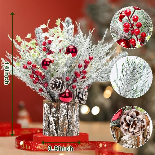 Red 14 Inch Christmas Table Centerpiece Small Potted Tree with Lights, Pine Cones & Berries