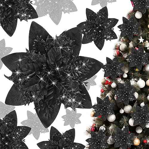 Glitter Christmas Poinsettia Artificial Xmas Flower Ornaments Flowers Decorations with Clips and Stems Glitter Poinsettia Christmas Tree Ornaments for Christmas Wedding (Black,36 Pieces)