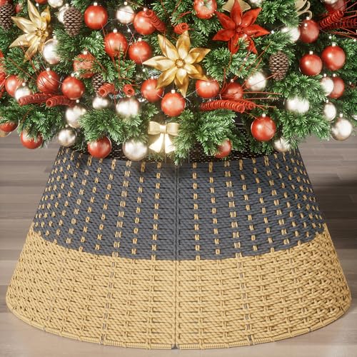 Gray Rattan Christmas Tree Collar 23 in - 4-Piece Woven Basket Ring with Cord Cut-Out