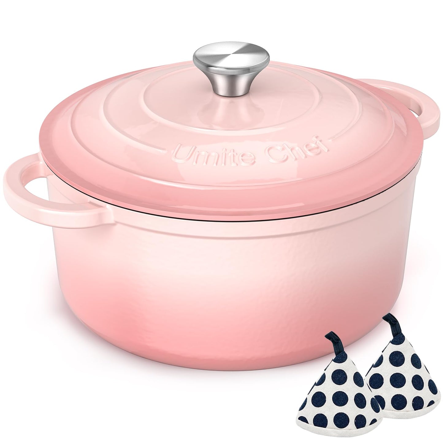 Umite Chef Enameled Cast Iron Dutch Oven-7QT Pot with Lid Cookbook & Cotton, Heavy-Duty Cookware for for Bread Baking, Braising, Stews, Marinate, Cook(Pink)