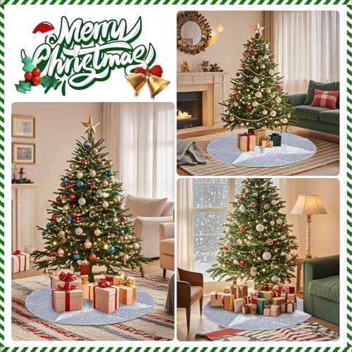 MACTING Christmas Mini Tree Skirt 24 Inch Glitter Sequin Small Tree Mat Sparkly Tree Base Cover for Farmhouse Holiday Party Indoor Home New Year Xmas Tree Decorations(Silver)
