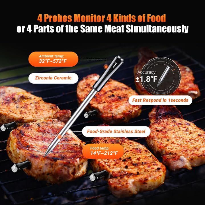 Wireless Meat Thermometer with 4 Probes, WiFi & Bluetooth, LCD Display, Waterproof, Black