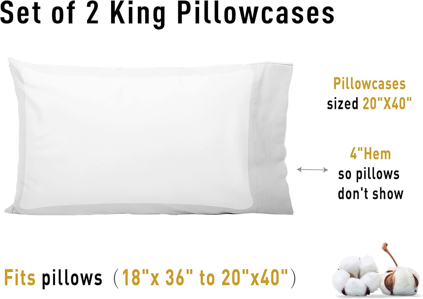 Sunflower King Pillowcases - Set of 2 Soft 100% Cotton King Pillow Cases | Bright White 20x40 Inches