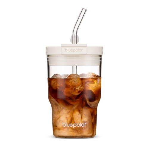 BLUEPOLAR 16oz/480ml Iced Coffee Cups With Lids And Straws,Reusable Leakproof Glass Tumbler,Water Bottles,Cold Brew,Drinking Jars For Juicing,Matcha,Tea,Smoothie For Travel,Office (Off-White)