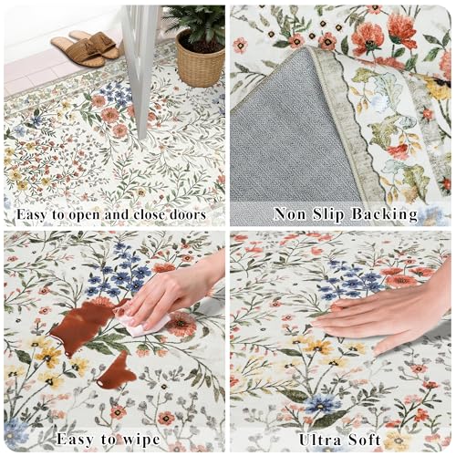Beige Vintage Botanical Floral Rug 8x10 - Non Slip, Machine Washable, Living Room & Bedroom Carpet with Foldable Design