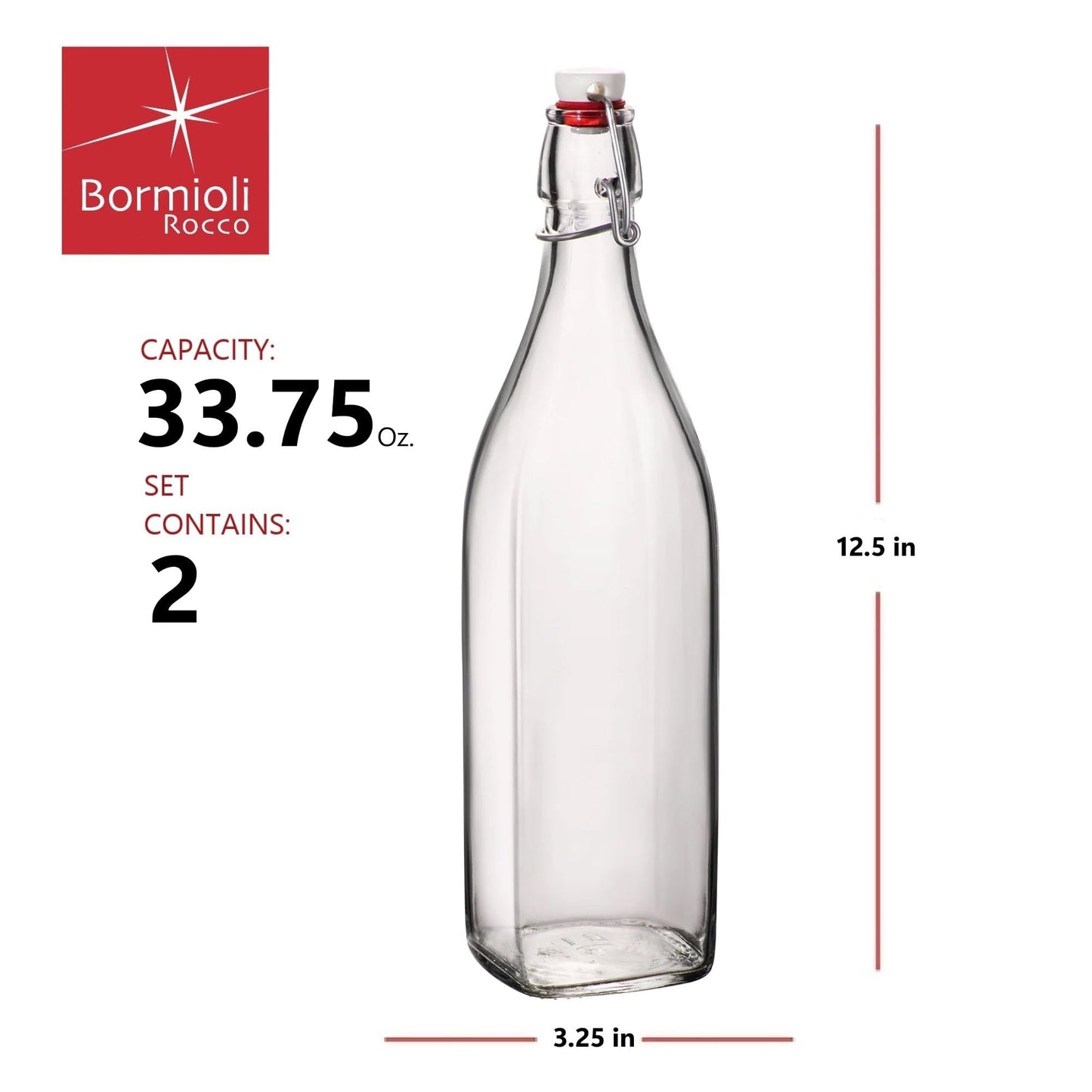 Bormioli Rocco 33.75oz Swing Bottle (Set of 2) - Reusable Glass with Airtight Leakproof Swing Tops, BPA-Free Office Water Bottle, Great for Homemade Syrups, Dressings, Infused Oils, Fresh Juices