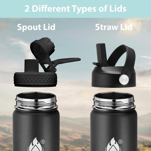 Insulated Water Bottle 24 oz with Straw, Stainless Steel Wide Mouth Water Bottle, Double Wall Vacuum Leak Proof with Straw Lid & Spout Lid for Sports or Office, Keep Cold or Hot Up to 24 Hrs