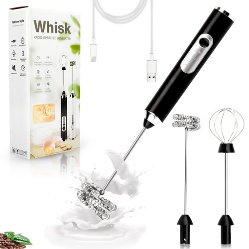 Electric Double Whisk Milk Frother Handheld Black USB Rechargeable Drink Mixer, 3 Speeds Adjustable Electric Whisk Foam Maker Detachable for Coffee, Lattes, Matcha, Hot Chocolate