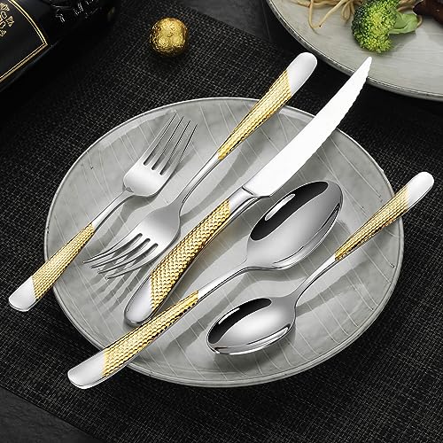 Hammered Silver Gold Flatware Set for 8 - 40-Piece Stainless Steel Cutlery with Serrated Knives