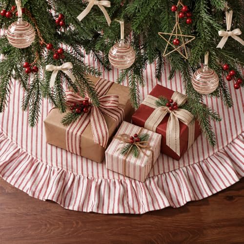 48-Inch Red White Stripe Christmas Tree Skirt with Ruffled Edge