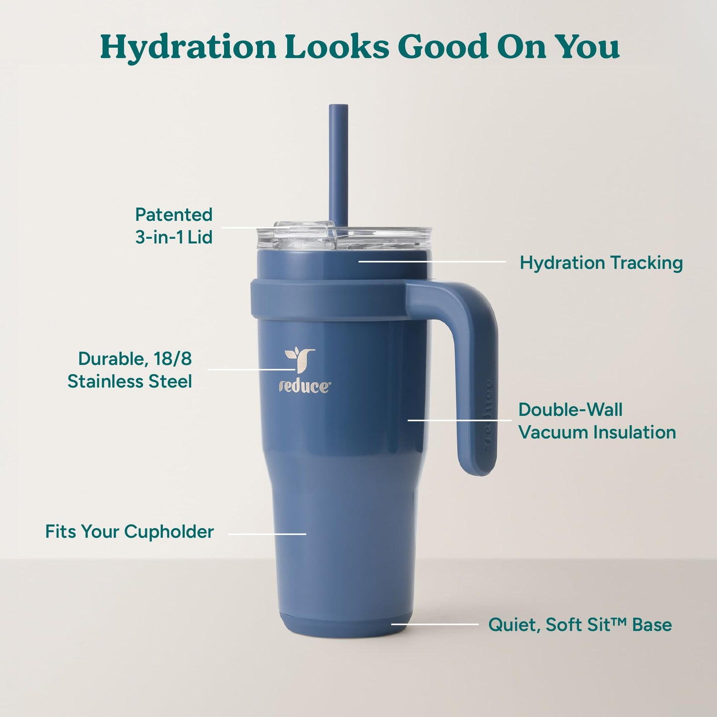 Reduce 24 oz Stainless Steel Tumbler with Handle - Dual-Wall Vacuum Insulated Travel Mug, Sweat-Proof Lid & Reusable Straw - Keeps Drinks Cold for 24 Hrs, Fits Cupholders, Dishwasher Safe-Mineral Blue