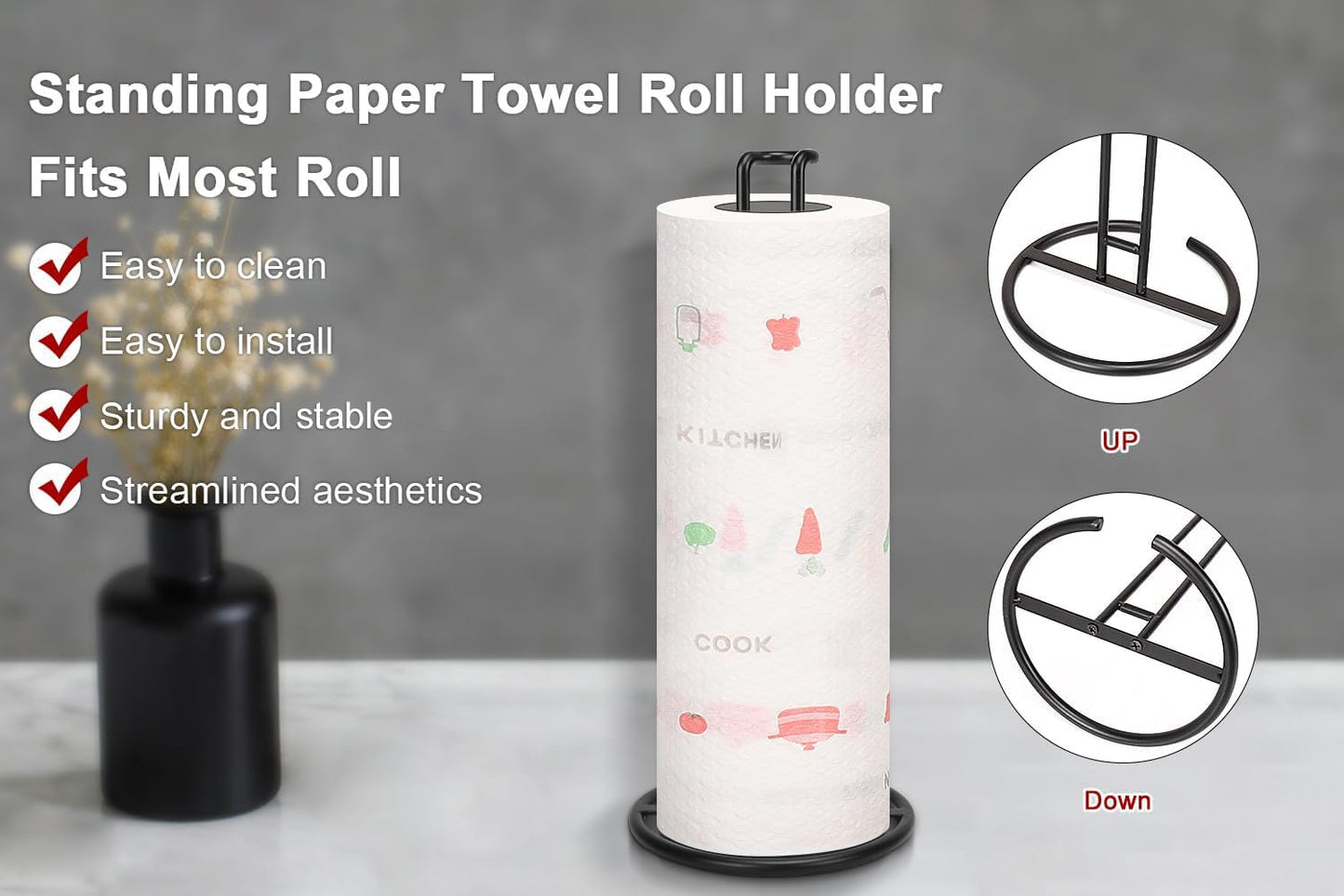 NearMoon Paper Towel Holder, Sturdy Paper Towel Stand Dispenser-All Metal, Standard or Jumbo-Sized for Kitchen Countertop, Farmhouse, Living Room (1 Pack, Matte Black)